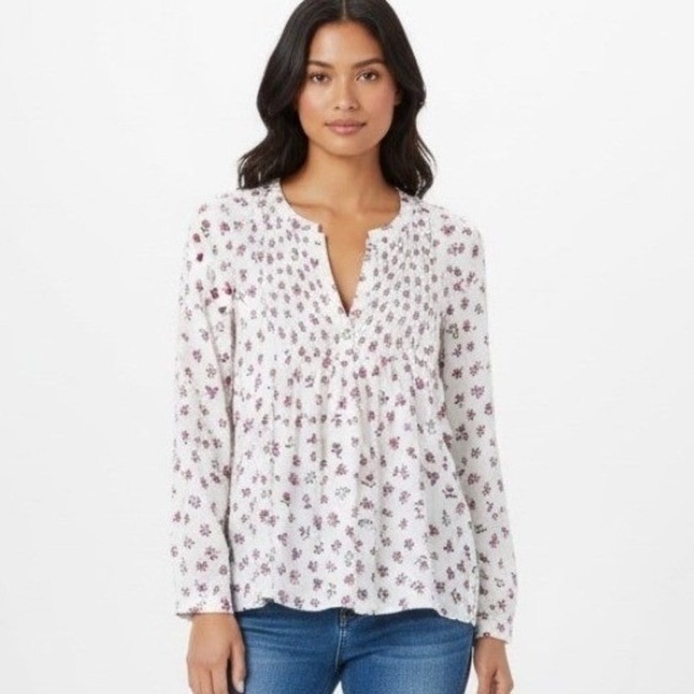 Lucky Brand Women Floral Smocked‎ Long Sleeve Peasant Blouse Top S Cottagecore